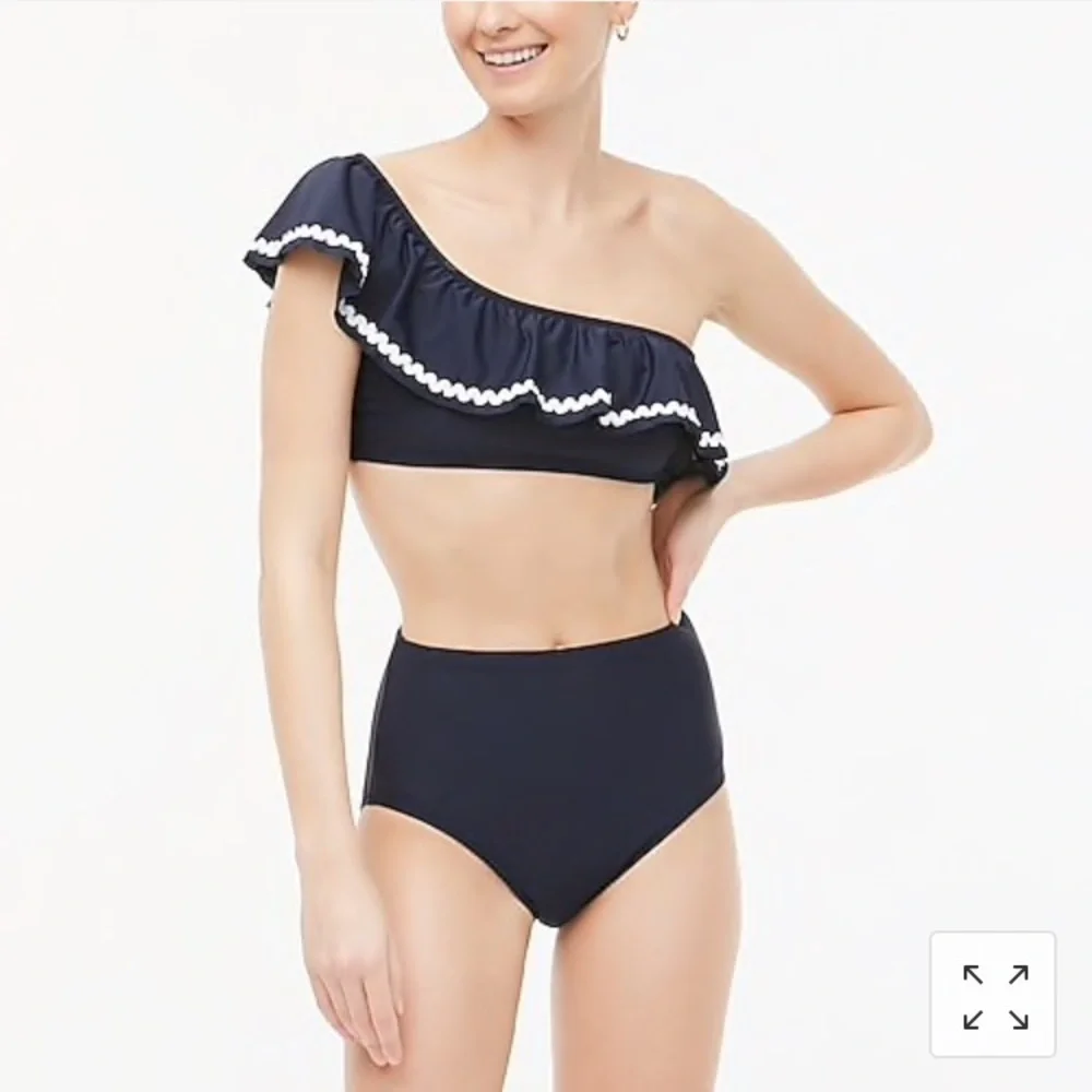 J Crew ruffle Rickrack‎ one-shoulder bikini top Navy Blue and White AK510